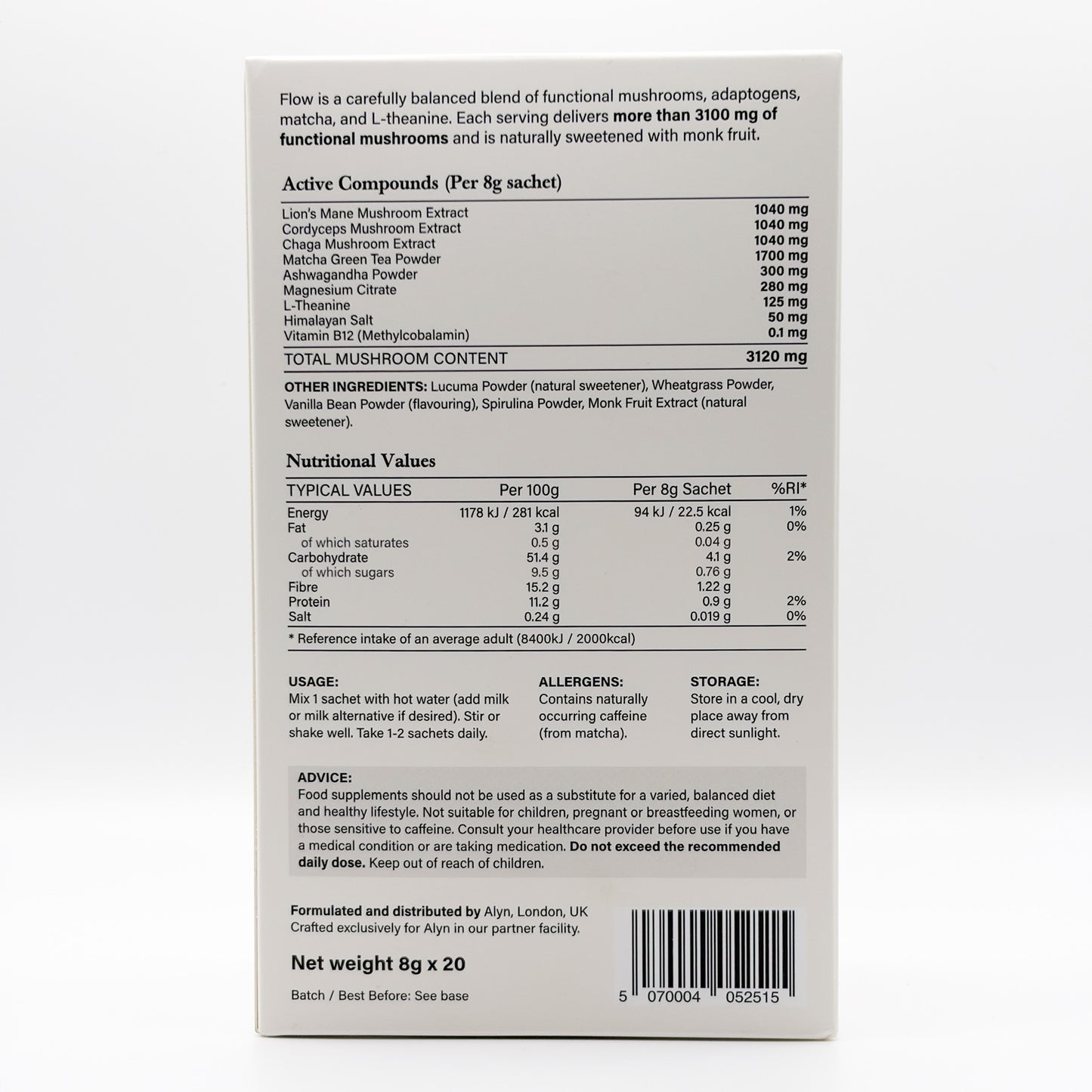Back of a supplement package with nutritional information and ingredients listed.