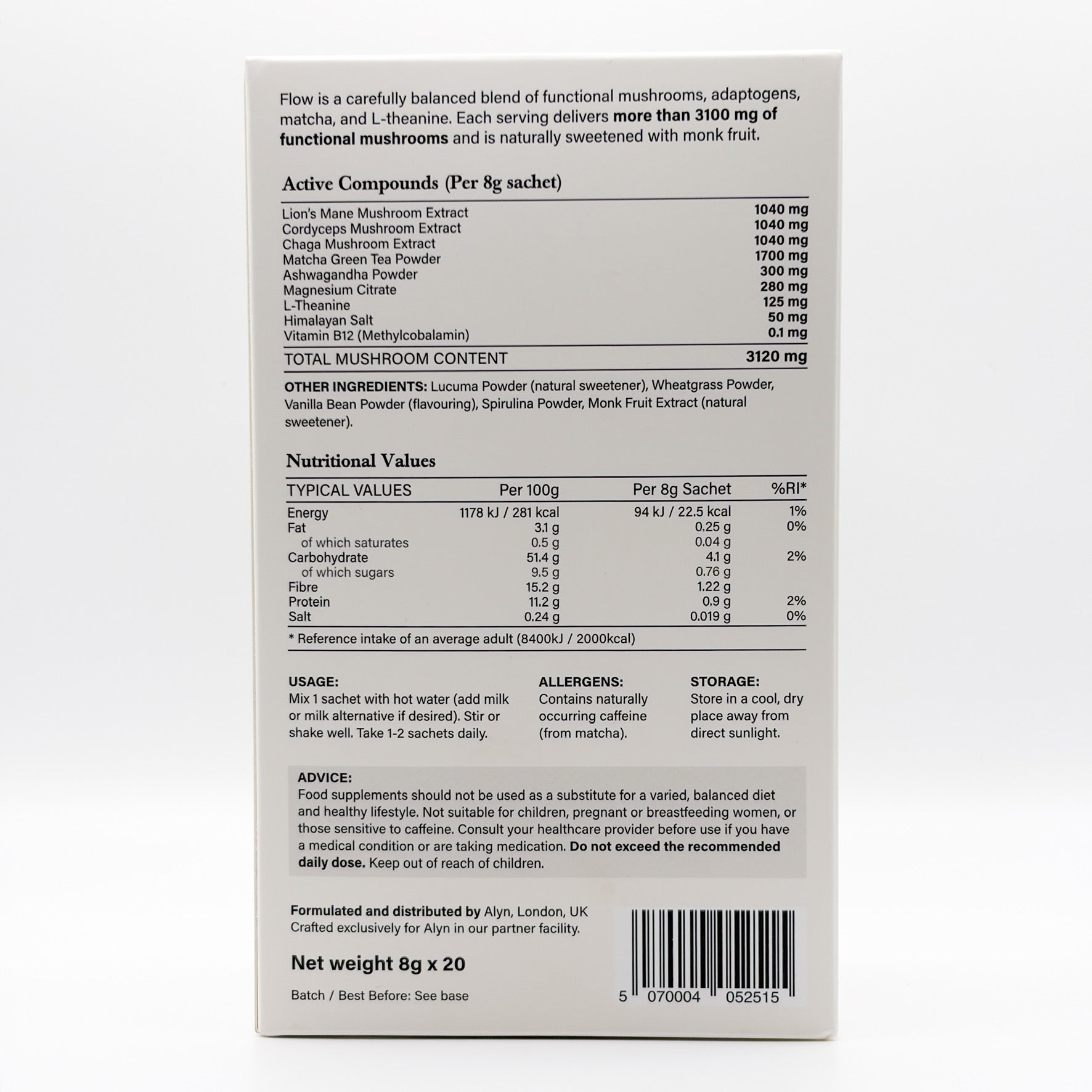 Back of a supplement package with nutritional information and ingredients listed.